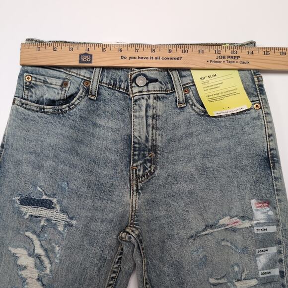 Levis 511 Jeans Mens Size 30x34 Blue Distressed Cotton Blend Slim Fit NEW NWT - Picture 16 of 16